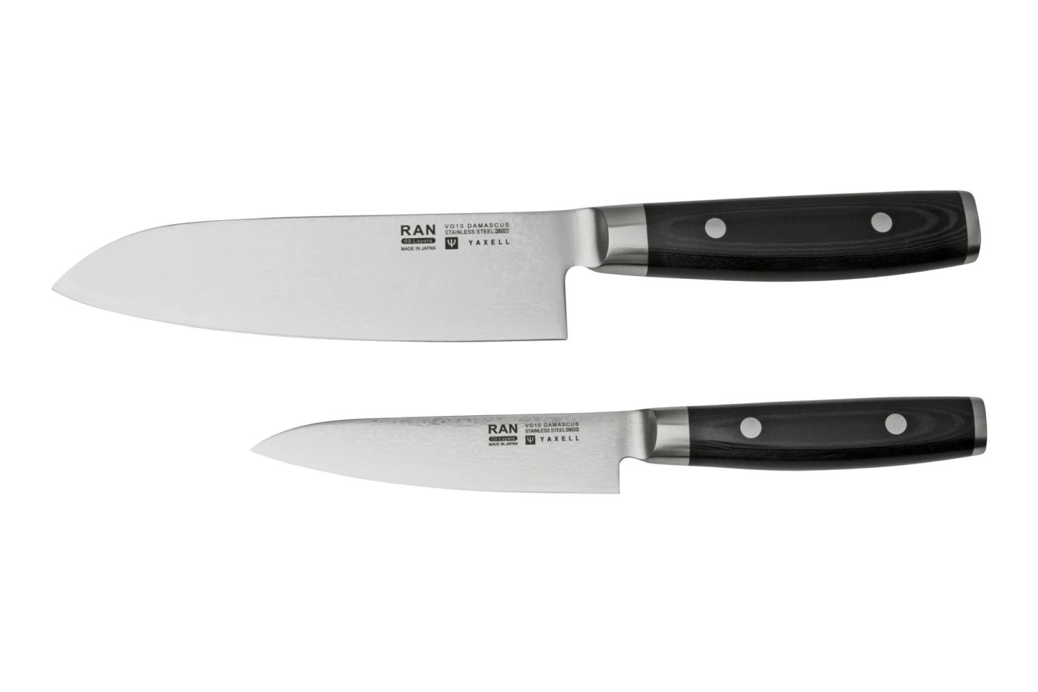 Yaxell Ran 36056, Juego De Cuchillos De 3 Piezas Santoku 16,5 Cm, Cuchillo Multiusos 12 Cm Y Afilador De Cuchillos
